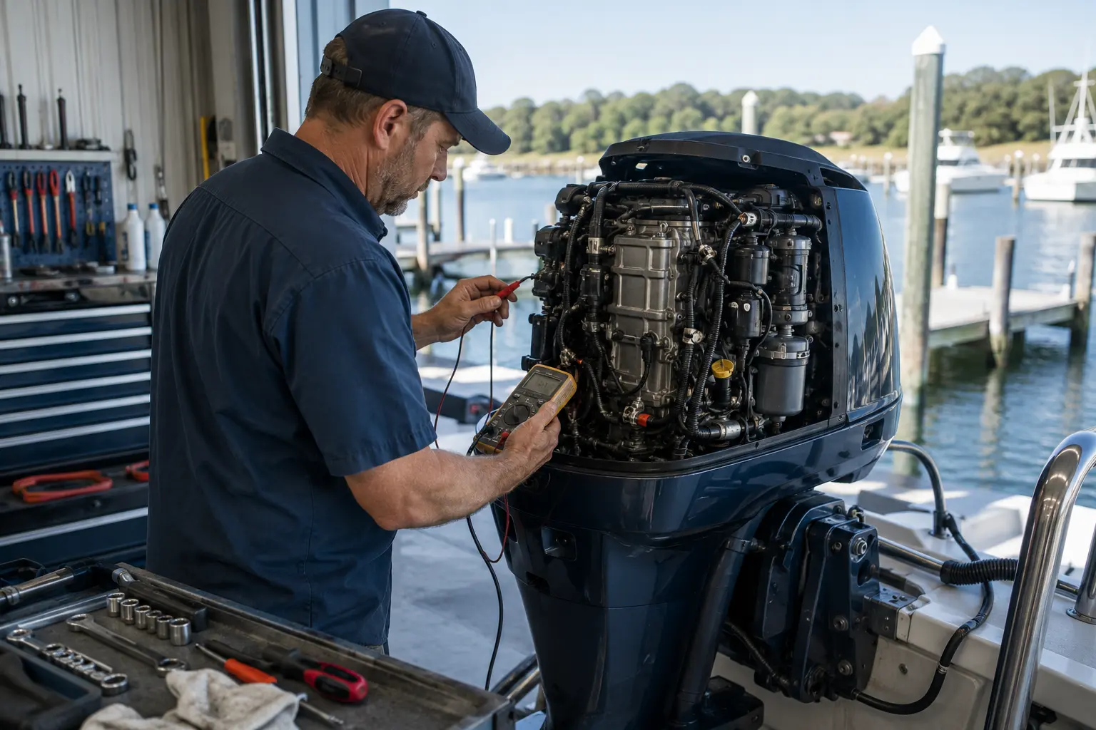 Boat prepared for marine engine repair near the Potomac River